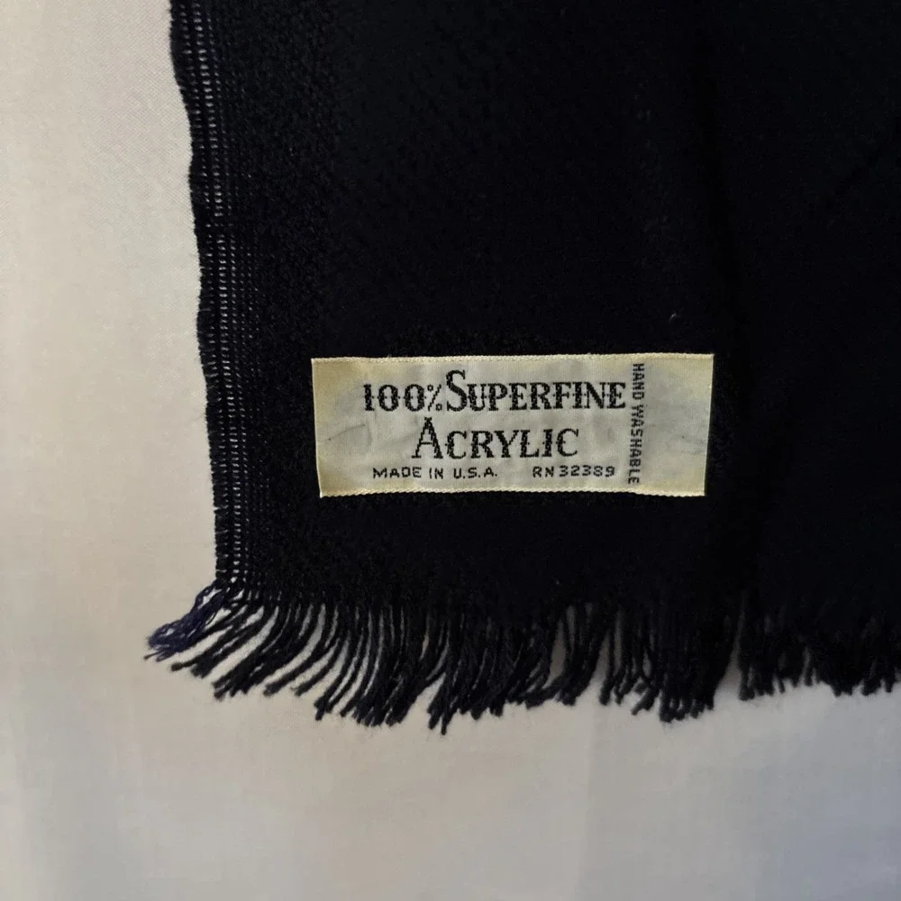 2 Vintage Made in USA Navy Blue Fringe Superfine Acrylic Checked Scarf 12x50‎